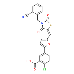 ChemSpider 2D Image | 2-Chloro-5-(5-{(E)-[3-(2-cyanobenzyl)-2,4-dioxo-1,3-thiazolidin-5-ylidene]methyl}-2-furyl)benzoic acid | C23H13ClN2O5S
