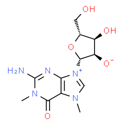 ChemSpider 2D Image | (2R,3R,4R,5R)-2-(2-Amino-1,7-dimethyl-6-oxo-6,7-dihydro-1H-purin-9-ium-9-yl)-4-hydroxy-5-(hydroxymethyl)tetrahydro-3-furanolate | C12H17N5O5