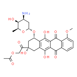 ChemSpider 2D Image | 2-{(2S,4S)-4-[(3-Amino-2,3,6-trideoxy-alpha-L-lyxo-hexopyranosyl)oxy]-2,5,12-trihydroxy-7-methoxy-6,11-dioxo-1,2,3,4,6,11-hexahydro-2-tetracenyl}-2-oxoethyl acetate | C29H31NO12
