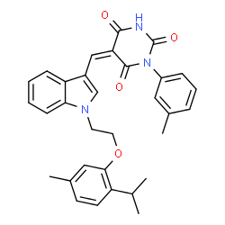 ChemSpider 2D Image | (5Z)-5-({1-[2-(2-Isopropyl-5-methylphenoxy)ethyl]-1H-indol-3-yl}methylene)-1-(3-methylphenyl)-2,4,6(1H,3H,5H)-pyrimidinetrione | C32H31N3O4