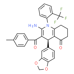 ChemSpider 2D Image | (4R)-2-Amino-4-(1,3-benzodioxol-5-yl)-3-(4-methylbenzoyl)-1-[2-(trifluoromethyl)phenyl]-4,6,7,8-tetrahydro-5(1H)-quinolinone | C31H25F3N2O4