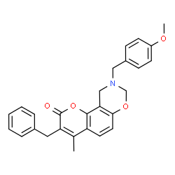 ChemSpider 2D Image | 3-Benzyl-9-(4-methoxybenzyl)-4-methyl-9,10-dihydro-2H,8H-chromeno[8,7-e][1,3]oxazin-2-one | C27H25NO4