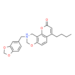 ChemSpider 2D Image | 9-(1,3-Benzodioxol-5-ylmethyl)-4-butyl-2-oxo-9,10-dihydro-2H,8H-chromeno[8,7-e][1,3]oxazin-9-ium | C23H24NO5