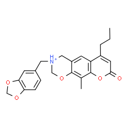ChemSpider 2D Image | 3-(1,3-Benzodioxol-5-ylmethyl)-10-methyl-8-oxo-6-propyl-3,4-dihydro-2H,8H-chromeno[6,7-e][1,3]oxazin-3-ium | C23H24NO5