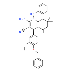 ChemSpider 2D Image | (4S)-2-Amino-1-anilino-4-[4-(benzyloxy)-3-methoxyphenyl]-7,7-dimethyl-5-oxo-1,4,5,6,7,8-hexahydro-3-quinolinecarbonitrile | C32H32N4O3