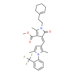 ChemSpider 2D Image | Methyl (4E)-1-[2-(1-cyclohexen-1-yl)ethyl]-4-({2,5-dimethyl-1-[2-(trifluoromethyl)phenyl]-1H-pyrrol-3-yl}methylene)-2-methyl-5-oxo-4,5-dihydro-1H-pyrrole-3-carboxylate | C29H31F3N2O3