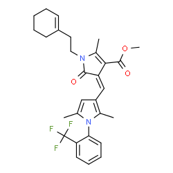 ChemSpider 2D Image | Methyl (4Z)-1-[2-(1-cyclohexen-1-yl)ethyl]-4-({2,5-dimethyl-1-[2-(trifluoromethyl)phenyl]-1H-pyrrol-3-yl}methylene)-2-methyl-5-oxo-4,5-dihydro-1H-pyrrole-3-carboxylate | C29H31F3N2O3
