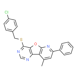 ChemSpider 2D Image | 4-[(4-Chlorobenzyl)sulfanyl]-9-methyl-7-phenylpyrido[3',2':4,5]furo[3,2-d]pyrimidine | C23H16ClN3OS