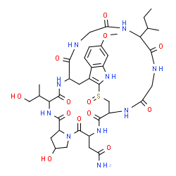 ChemSpider 2D Image | 2-[34-sec-Butyl-8-hydroxy-13-(1-hydroxy-2-propanyl)-22-methoxy-27-oxido-2,5,11,14,30,33,36,39-octaoxo-27-thia-3,6,12,15,25,29,32,35,38-nonaazapentacyclo[14.12.11.0~6,10~.0~18,26~.0~19,24~]nonatriacont
a-18(26),19,21,23-tetraen-4-yl]acetamide | C39H54N10O13S