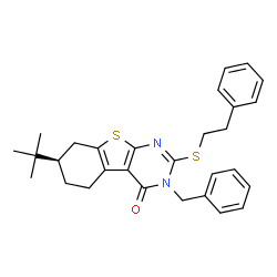 ChemSpider 2D Image | (7R)-3-Benzyl-7-(2-methyl-2-propanyl)-2-[(2-phenylethyl)sulfanyl]-5,6,7,8-tetrahydro[1]benzothieno[2,3-d]pyrimidin-4(3H)-one | C29H32N2OS2