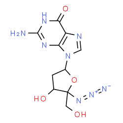 ChemSpider 2D Image | 2-Amino-9-[5-azido-4-hydroxy-5-(hydroxymethyl)tetrahydro-2-furanyl]-1,9-dihydro-6H-purin-6-one | C10H12N8O4