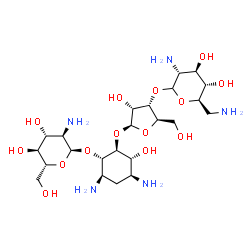 ChemSpider 2D Image | (1S,2S,3R,4S,6R)-4,6-Diamino-2-{[3-O-(2,6-diamino-2,6-dideoxy-D-glucopyranosyl)-beta-D-ribofuranosyl]oxy}-3-hydroxycyclohexyl 2-amino-2-deoxy-alpha-D-glucopyranoside | C23H45N5O14