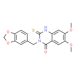 ChemSpider 2D Image | 3-(1,3-Benzodioxol-5-ylmethyl)-6,7-dimethoxy-2-thioxo-2,3-dihydro-4(1H)-quinazolinone | C18H16N2O5S