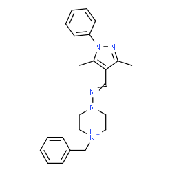 ChemSpider 2D Image | 1-Benzyl-4-{[(3,5-dimethyl-1-phenyl-1H-pyrazol-4-yl)methylene]amino}piperazin-1-ium | C23H28N5