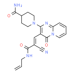 ChemSpider 2D Image | 1-{3-[(1E)-3-(Allylamino)-2-cyano-3-oxo-1-propen-1-yl]-4-oxo-4H-pyrido[1,2-a]pyrimidin-2-yl}-4-piperidinecarboxamide | C21H22N6O3