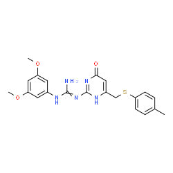 ChemSpider 2D Image | 1-(3,5-Dimethoxyphenyl)-2-(6-{[(4-methylphenyl)sulfanyl]methyl}-4-oxo-1,4-dihydro-2-pyrimidinyl)guanidine | C21H23N5O3S