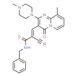 ChemSpider 2D Image | (2E)-N-Benzyl-2-cyano-3-[9-methyl-2-(4-methyl-1-piperazinyl)-4-oxo-4H-pyrido[1,2-a]pyrimidin-3-yl]acrylamide | C25H26N6O2