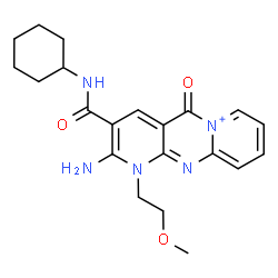 ChemSpider 2D Image | 2-Amino-3-(cyclohexylcarbamoyl)-1-(2-methoxyethyl)-5-oxo-1,5-dihydrodipyrido[1,2-a:2',3'-d]pyrimidin-6-ium | C21H26N5O3