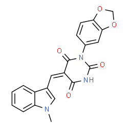 ChemSpider 2D Image | (5E)-1-(1,3-Benzodioxol-5-yl)-5-[(1-methyl-1H-indol-3-yl)methylene]-2,4,6(1H,3H,5H)-pyrimidinetrione | C21H15N3O5