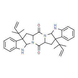 ChemSpider 2D Image | 8a,16a-Bis(2-methyl-3-buten-2-yl)-5a,8,8a,13,13a,15a,16,16a-octahydroindolo[3''',2''':4'',5'']pyrrolo[1'',2'':4',5']pyrazino[1',2':1,5]pyrrolo[2,3-b]indole-7,15(5H,7aH)-dione | C32H36N4O2