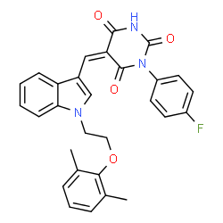 ChemSpider 2D Image | (5Z)-5-({1-[2-(2,6-Dimethylphenoxy)ethyl]-1H-indol-3-yl}methylene)-1-(4-fluorophenyl)-2,4,6(1H,3H,5H)-pyrimidinetrione | C29H24FN3O4