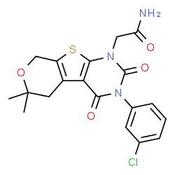 ChemSpider 2D Image | 2-[3-(3-Chlorophenyl)-6,6-dimethyl-2,4-dioxo-3,4,5,8-tetrahydro-2H-pyrano[4',3':4,5]thieno[2,3-d]pyrimidin-1(6H)-yl]acetamide | C19H18ClN3O4S