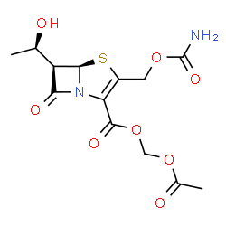 ChemSpider 2D Image | Acetoxymethyl (5R,6R)-3-[(carbamoyloxy)methyl]-6-[(1R)-1-hydroxyethyl]-7-oxo-4-thia-1-azabicyclo[3.2.0]hept-2-ene-2-carboxylate | C13H16N2O8S