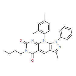 ChemSpider 2D Image | 6-Butyl-9-(2,4-dimethylphenyl)-3-methyl-1-phenyl-1H-pyrazolo[4',3':5,6]pyrido[2,3-d]pyrimidine-5,7(6H,9H)-dione | C27H27N5O2