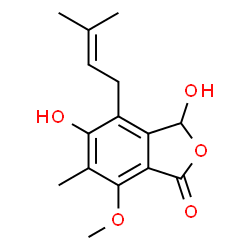 ChemSpider 2D Image | 3,5-Dihydroxy-7-methoxy-6-methyl-4-(3-methyl-2-buten-1-yl)-2-benzofuran-1(3H)-one | C15H18O5