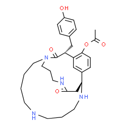 ChemSpider 2D Image | (11R,17S)-17-(4-Hydroxybenzyl)-18,23-dioxo-1,6,10,22-tetraazatricyclo[9.7.6.1~12,16~]pentacosa-12(25),13,15-trien-15-yl acetate | C30H40N4O5