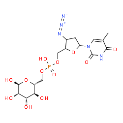 ChemSpider 2D Image | [3-Azido-5-(5-methyl-2,4-dioxo-3,4-dihydro-1(2H)-pyrimidinyl)tetrahydro-2-furanyl]methyl [(2R,3S,4S,5S,6S)-3,4,5,6-tetrahydroxytetrahydro-2H-pyran-2-yl]methyl hydrogen phosphate | C16H24N5O12P
