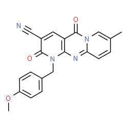ChemSpider 2D Image | 1-(4-Methoxybenzyl)-8-methyl-2,5-dioxo-1,5-dihydro-2H-dipyrido[1,2-a:2',3'-d]pyrimidine-3-carbonitrile | C21H16N4O3