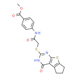 ChemSpider 2D Image | Methyl 4-({[(4-oxo-3,5,6,7-tetrahydro-4H-cyclopenta[4,5]thieno[2,3-d]pyrimidin-2-yl)sulfanyl]acetyl}amino)benzoate | C19H17N3O4S2