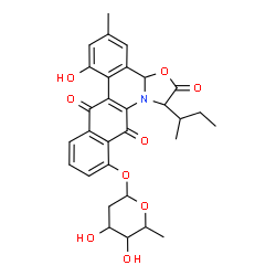 ChemSpider 2D Image | 8H-Benzo(b)oxazolo(3,2-f)phenanthridine-2,8,13(1H,3aH)-trione, 12-((2,6-dideoxyhexopyranosyl)oxy)-7-hydroxy-5-methyl-1-(1-methylpropyl)- | C30H31NO9