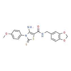 ChemSpider 2D Image | 4-Amino-N-(1,3-benzodioxol-5-ylmethyl)-3-(4-methoxyphenyl)-2-thioxo-2,3-dihydro-1,3-thiazole-5-carboxamide | C19H17N3O4S2