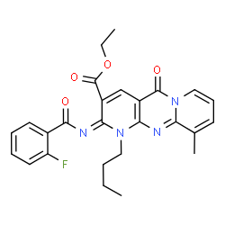 ChemSpider 2D Image | Ethyl (2E)-1-butyl-2-[(2-fluorobenzoyl)imino]-10-methyl-5-oxo-1,5-dihydro-2H-dipyrido[1,2-a:2',3'-d]pyrimidine-3-carboxylate | C26H25FN4O4