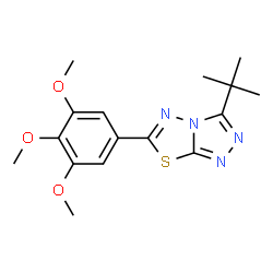 ChemSpider 2D Image | 3-(2-Methyl-2-propanyl)-6-(3,4,5-trimethoxyphenyl)[1,2,4]triazolo[3,4-b][1,3,4]thiadiazole | C16H20N4O3S