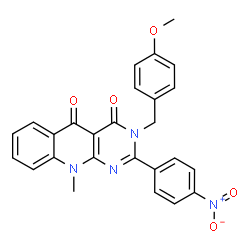 ChemSpider 2D Image | 3-(4-Methoxybenzyl)-10-methyl-2-(4-nitrophenyl)pyrimido[4,5-b]quinoline-4,5(3H,10H)-dione | C26H20N4O5