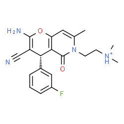 ChemSpider 2D Image | 2-[(4R)-2-Amino-3-cyano-4-(3-fluorophenyl)-7-methyl-5-oxo-4H-pyrano[3,2-c]pyridin-6(5H)-yl]-N,N-dimethylethanaminium | C20H22FN4O2