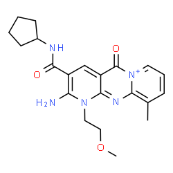 ChemSpider 2D Image | 2-Amino-3-(cyclopentylcarbamoyl)-1-(2-methoxyethyl)-10-methyl-5-oxo-1,5-dihydrodipyrido[1,2-a:2',3'-d]pyrimidin-6-ium | C21H26N5O3