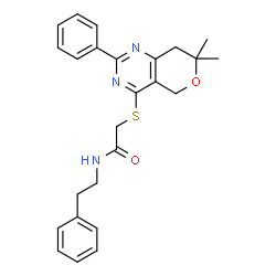 ChemSpider 2D Image | 2-[(7,7-Dimethyl-2-phenyl-7,8-dihydro-5H-pyrano[4,3-d]pyrimidin-4-yl)sulfanyl]-N-(2-phenylethyl)acetamide | C25H27N3O2S