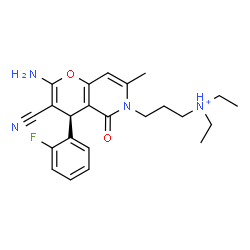 ChemSpider 2D Image | 3-[(4S)-2-Amino-3-cyano-4-(2-fluorophenyl)-7-methyl-5-oxo-4H-pyrano[3,2-c]pyridin-6(5H)-yl]-N,N-diethyl-1-propanaminium | C23H28FN4O2