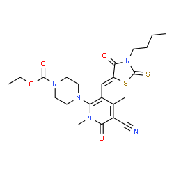 ChemSpider 2D Image | Ethyl 4-{3-[(Z)-(3-butyl-4-oxo-2-thioxo-1,3-thiazolidin-5-ylidene)methyl]-5-cyano-1,4-dimethyl-6-oxo-1,6-dihydro-2-pyridinyl}-1-piperazinecarboxylate | C23H29N5O4S2