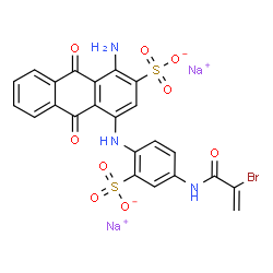 ChemSpider 2D Image | Disodium 1-amino-4-({4-[(2-bromoacryloyl)amino]-2-sulfonatophenyl}amino)-9,10-dioxo-9,10-dihydro-2-anthracenesulfonate | C23H14BrN3Na2O9S2