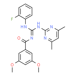ChemSpider 2D Image | benzamide, N-[(E)-[(4,6-dimethyl-2-pyrimidinyl)amino][(2-fluorophenyl)imino]methyl]-3,5-dimethoxy- | C22H22FN5O3
