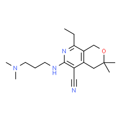 ChemSpider 2D Image | 6-{[3-(Dimethylamino)propyl]amino}-8-ethyl-3,3-dimethyl-3,4-dihydro-1H-pyrano[3,4-c]pyridine-5-carbonitrile | C18H28N4O