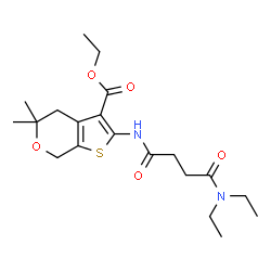 ChemSpider 2D Image | Ethyl 2-{[4-(diethylamino)-4-oxobutanoyl]amino}-5,5-dimethyl-4,7-dihydro-5H-thieno[2,3-c]pyran-3-carboxylate | C20H30N2O5S