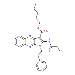 ChemSpider 2D Image | Pentyl 1-(2-phenylethyl)-2-(propionylamino)-1H-pyrrolo[2,3-b]quinoxaline-3-carboxylate | C27H30N4O3