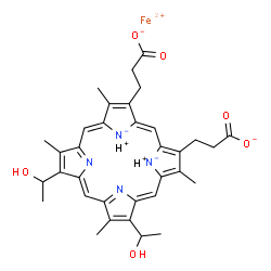 ChemSpider 2D Image | Iron(2+) hydrogen 3,3'-[7,12-bis(1-hydroxyethyl)-3,8,13,17-tetramethylporphine-21,24-diide-2,18-diyl]dipropanoate (1:2:1) | C34H36FeN4O6