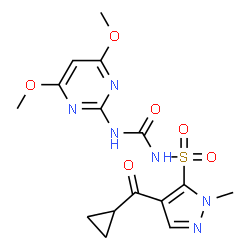ChemSpider 2D Image | 4-(Cyclopropylcarbonyl)-N-[(4,6-dimethoxy-2-pyrimidinyl)carbamoyl]-1-methyl-1H-pyrazole-5-sulfonamide | C15H18N6O6S